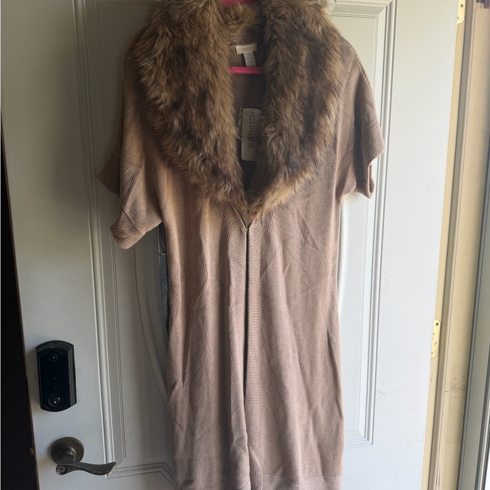Chico's Brown Knit Cardigan with Faux Fur Shawl Collar